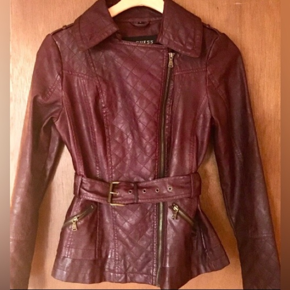 Guess brand rich maroon color faux leather jacket